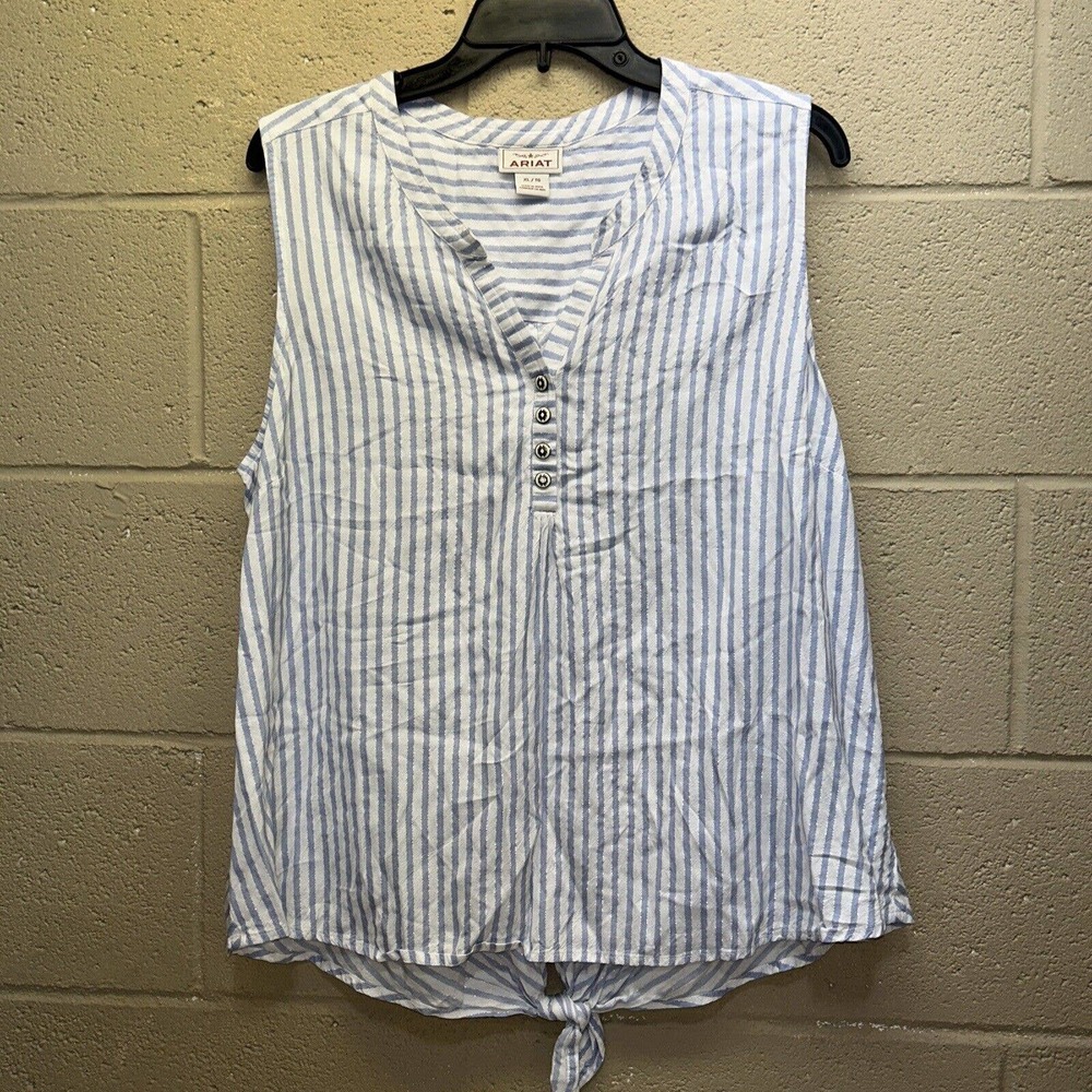 Ariat Top Women’s Size XL Blue White Striped Bottom Tie Tank Western Ranch Boho